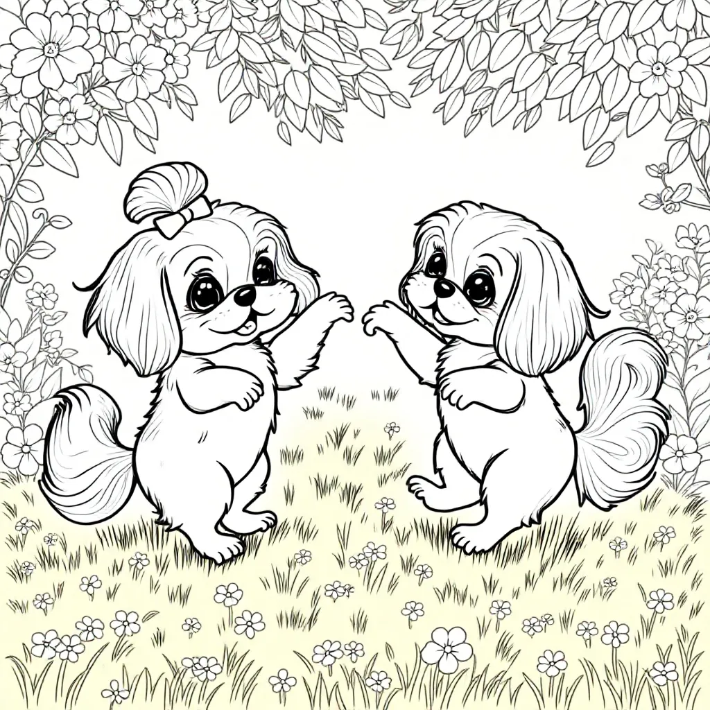 Kaksi tanssivaa shih tzu -koiraa