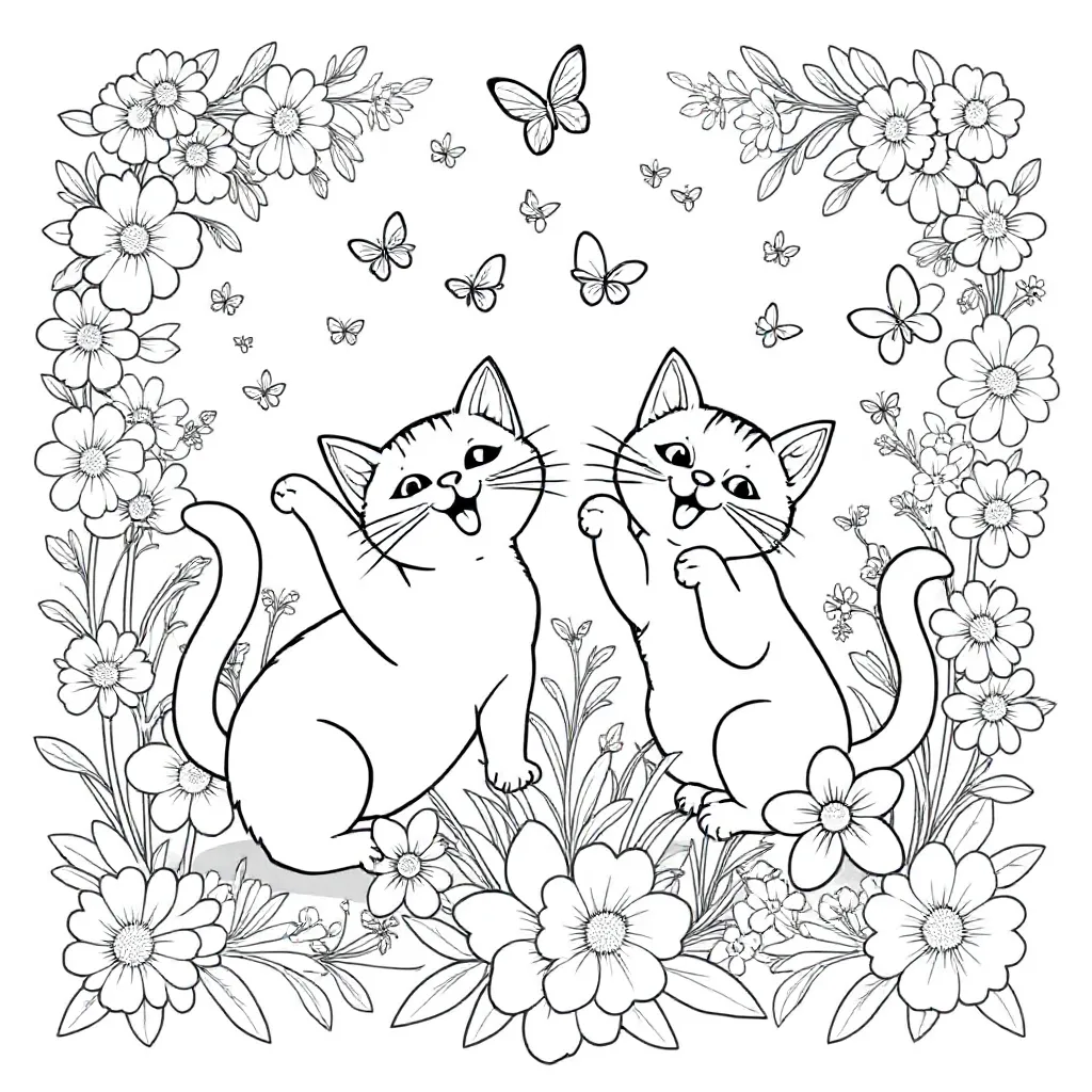 Two Cats Playing Among flowers with Butterflies with Shadow Effect