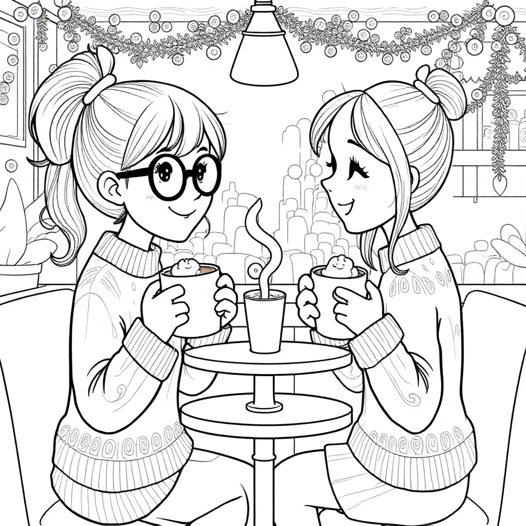 Two girls in a chocolate shop, one with glasses and both with ponytails