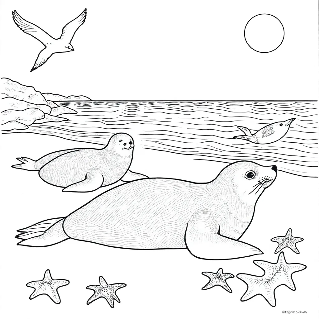 Two seals lying on the beach in the foreground and two seals swimming in the sea. There is also a small lobster and a starfish on the beach. flies in the air